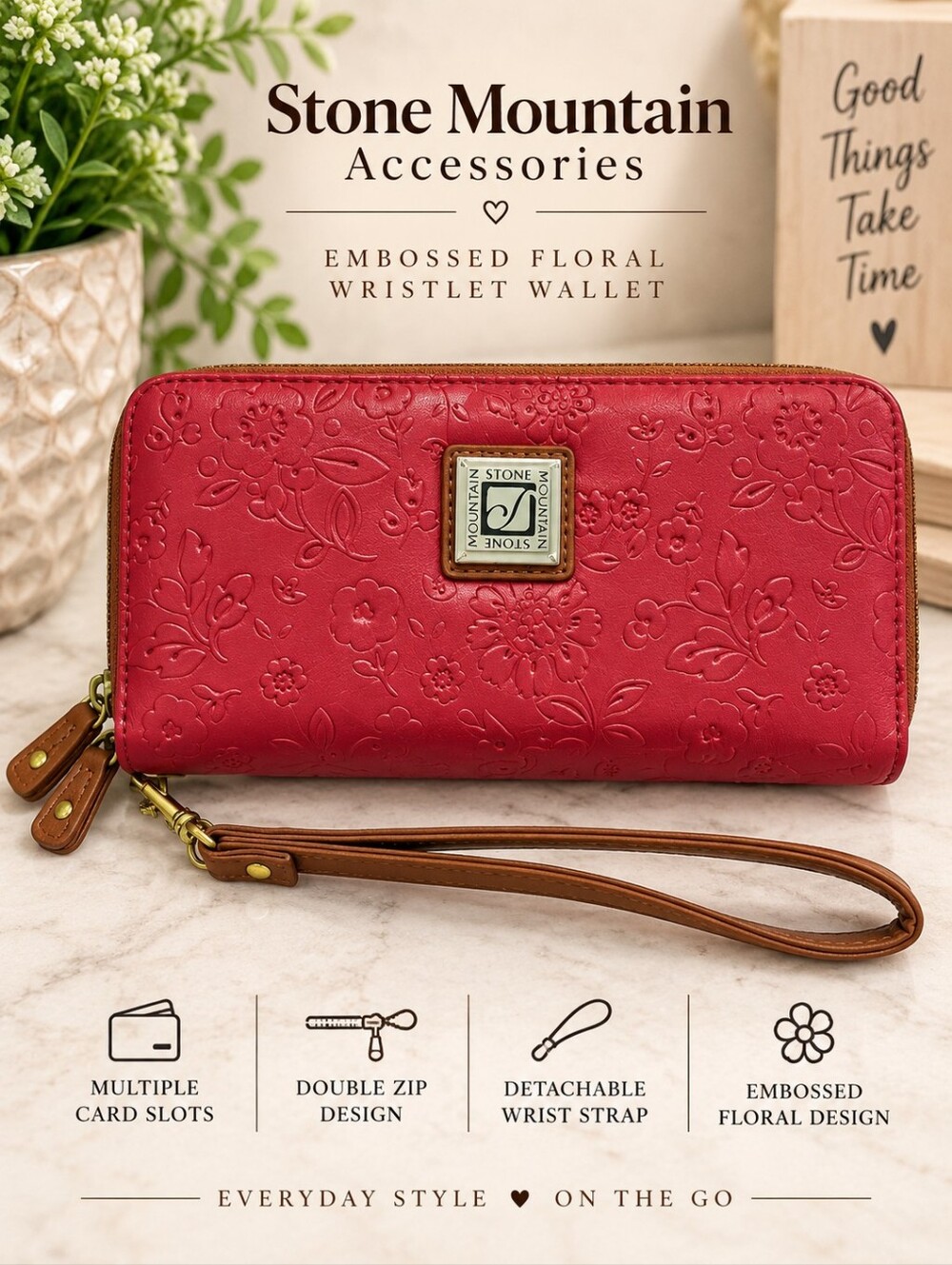 Stone Mountain Red Embossed Floral Double Zip Wristlet Wallet
